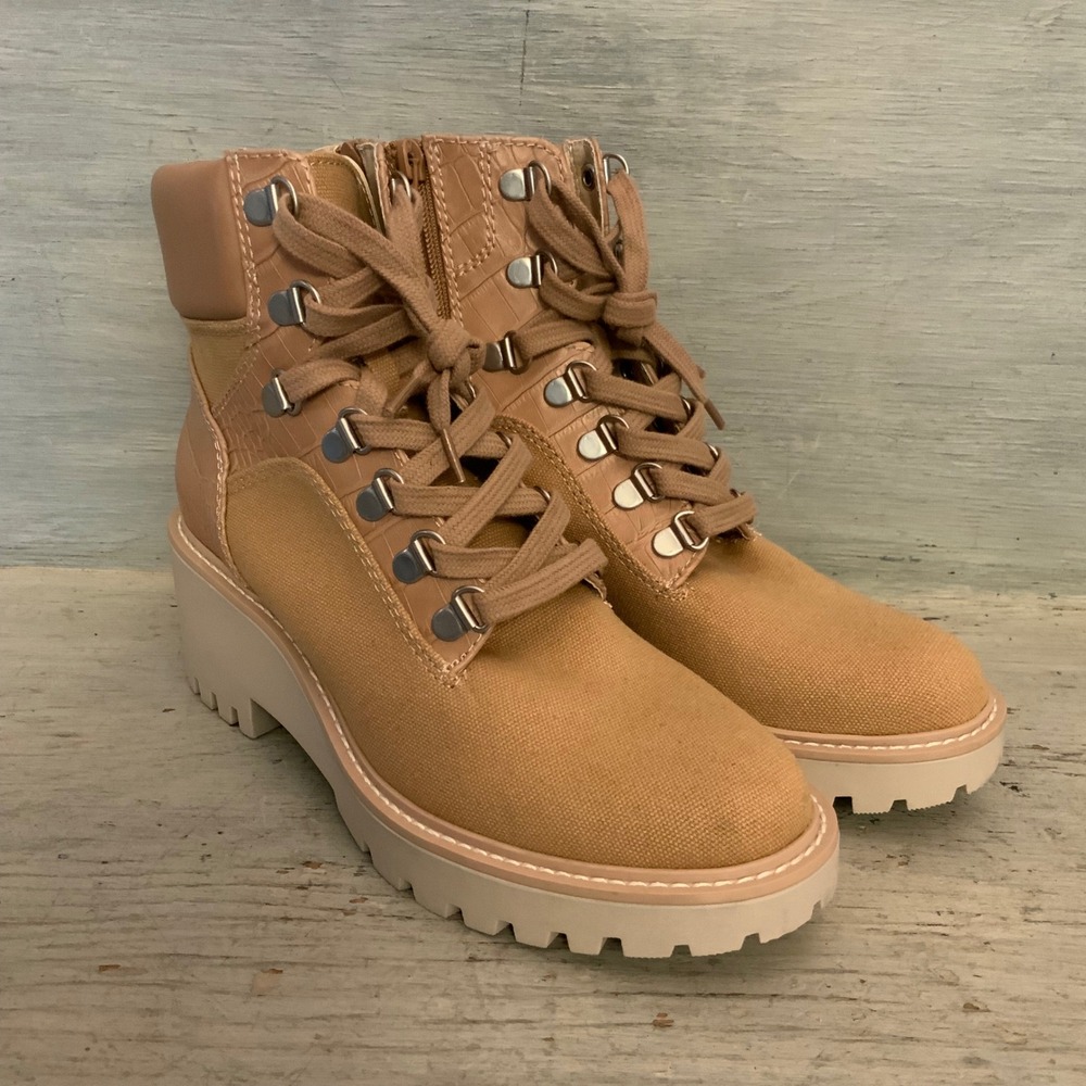 Dolce Vita "Hank" Tan Cafe Canvas/Faux Leather Platform Combat Boots Size 6.5 LN